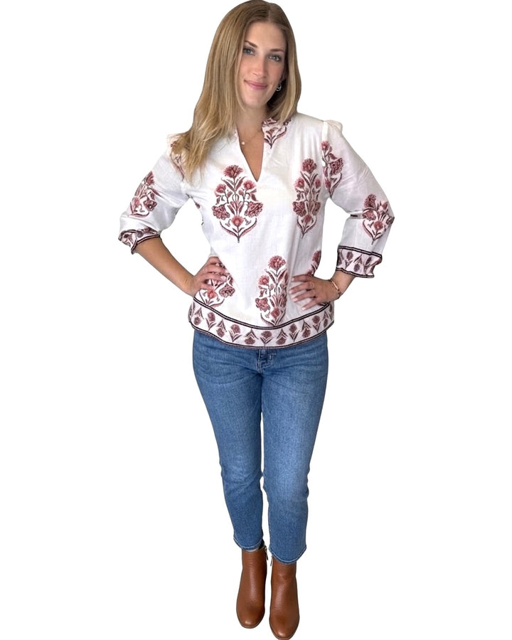 The Melody Cotton Block Print Top in Pink Floral Hand Block