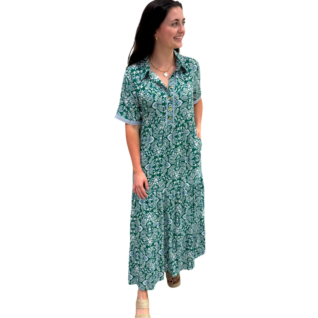 The Short Sleeve Jaqueline Dress in Green Blue With Blue Striped Trim — view 6