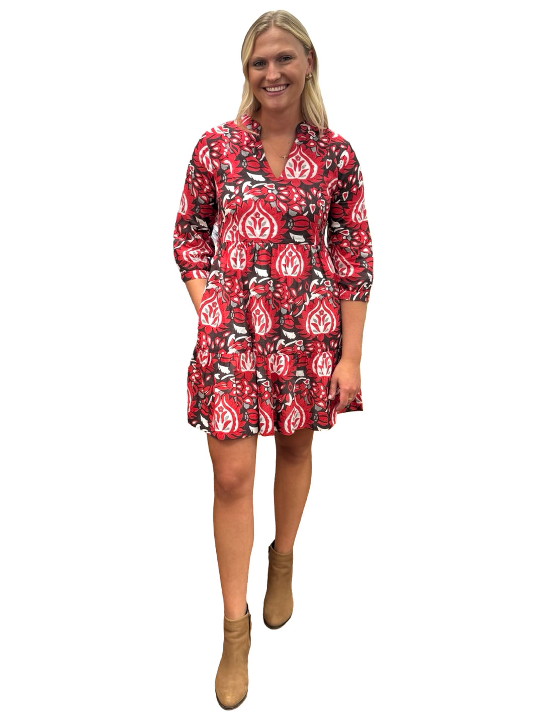 The Preston 3/4 Sleeve Cotton Dress in Red and Brown Abstract