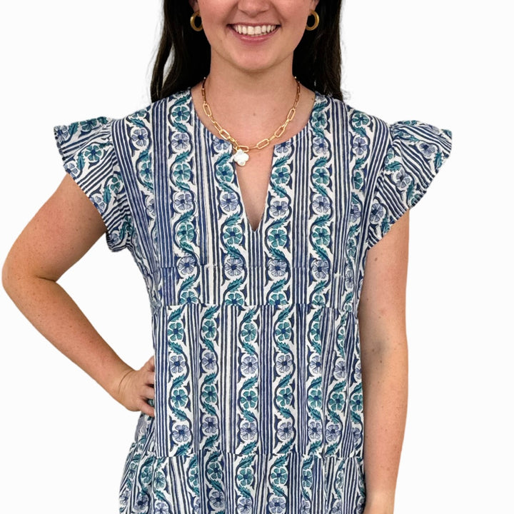 The Isabella Long Flutter Sleeve Maxi Dress in Green Blue Hand-Block — view 6