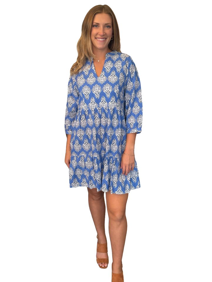 The Preston 3/4 Sleeve Dress in Royal Blue Cotton Print