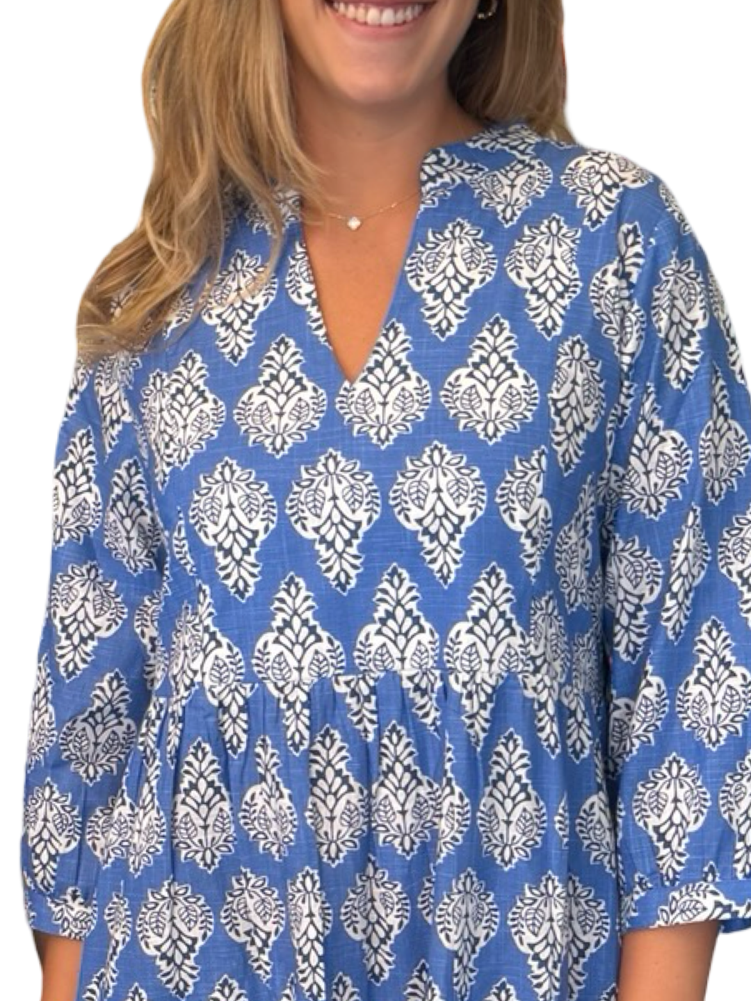 The Preston 3/4 Sleeve Dress in Royal Blue Cotton Print