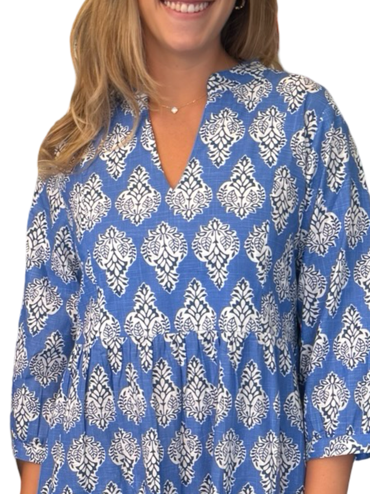 The Preston 3/4 Sleeve Dress in Royal Blue Cotton Print