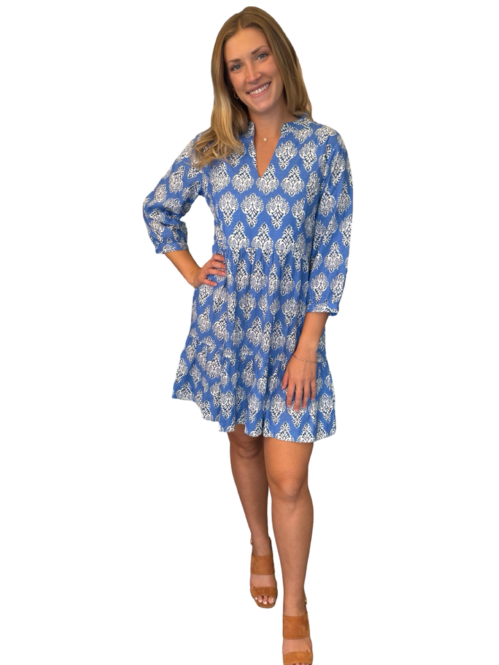 The Preston 3/4 Sleeve Dress in Royal Blue Cotton Print