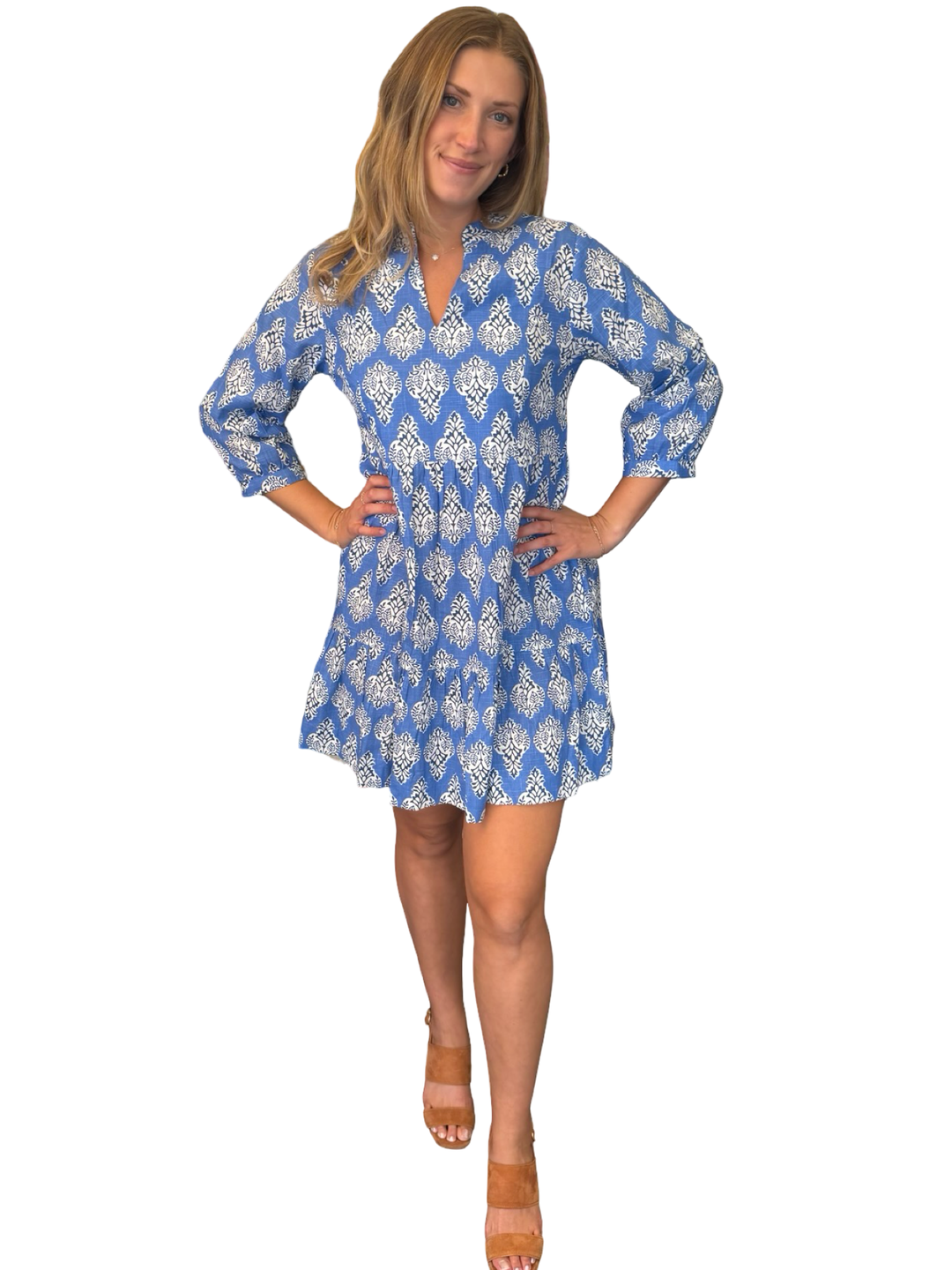The Preston 3/4 Sleeve Dress in Royal Blue Cotton Print