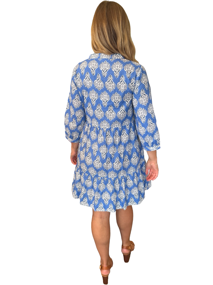 The Preston 3/4 Sleeve Dress in Royal Blue Cotton Print