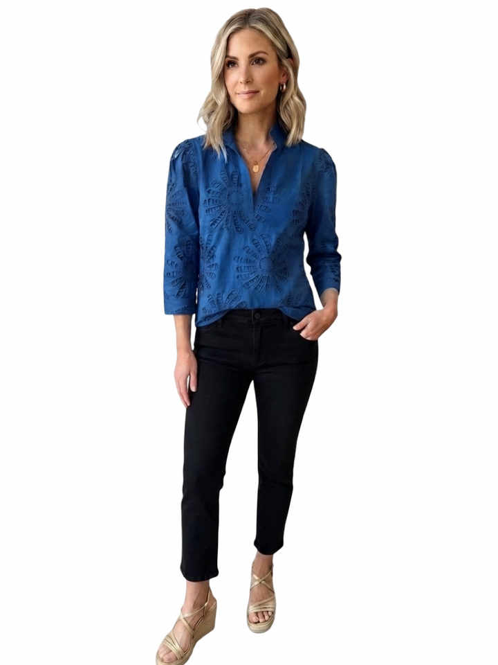 The Shipley Top in Royal Blue Embroidered Schiffle Cotton