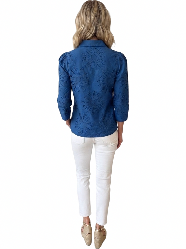 The Shipley Top in Royal Blue Embroidered Schiffle Cotton
