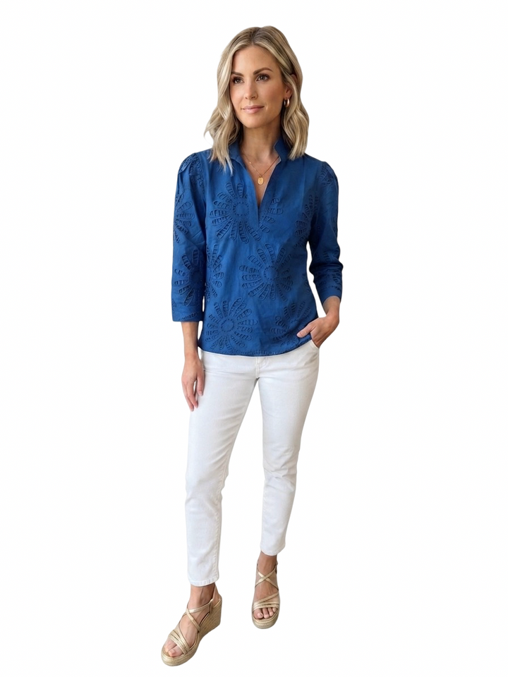 The Shipley Top in Royal Blue Embroidered Schiffle Cotton