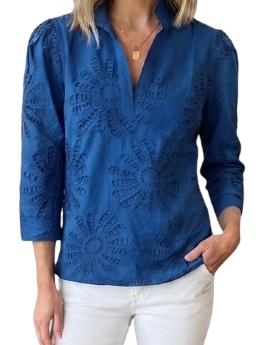 The Shipley Top in Royal Blue Embroidered Schiffle Cotton