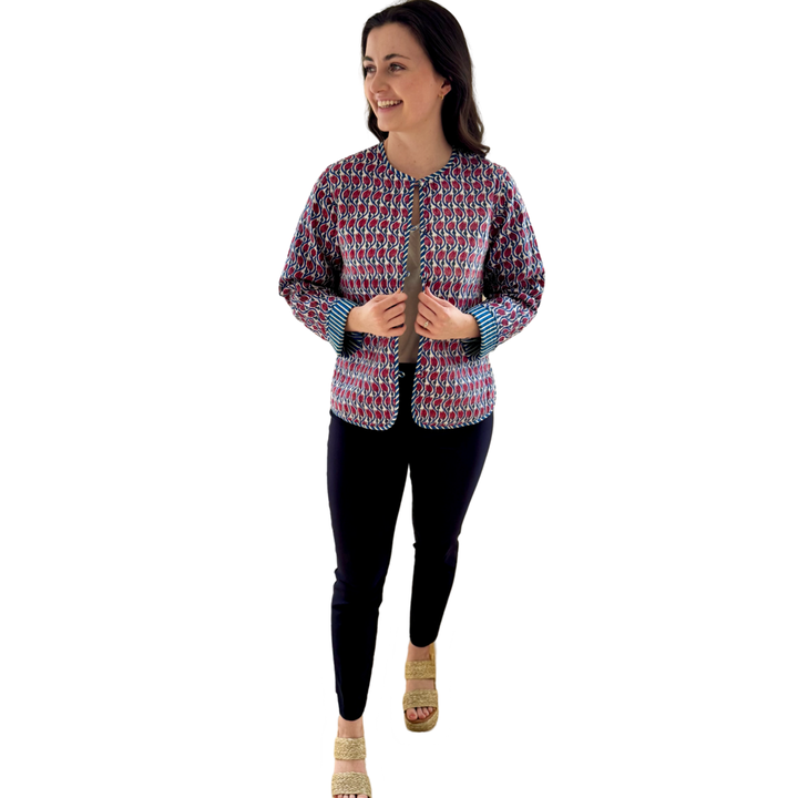 The Madeline Reversible Quilted Jacket in Blue and Red Hand Blocked Floral — view 7