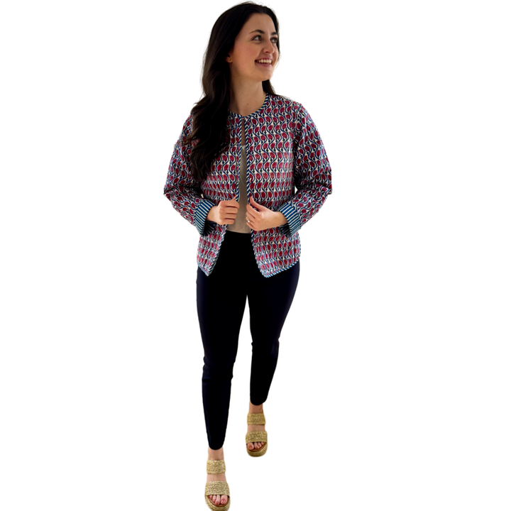 The Madeline Reversible Quilted Jacket in Blue and Red Hand Blocked Floral — view 6