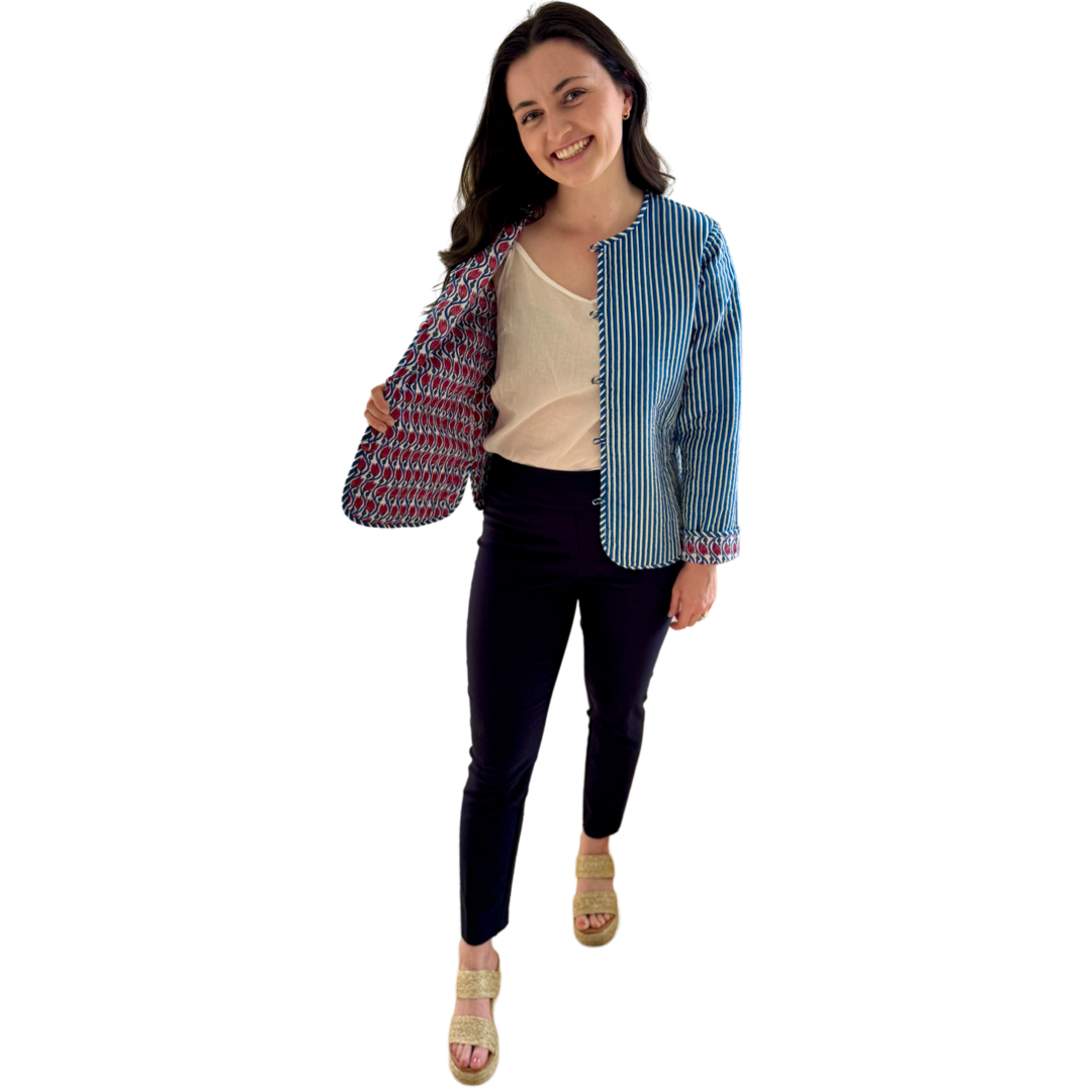 The Madeline Reversible Quilted Jacket in Blue and Red Hand Blocked Floral — view 11