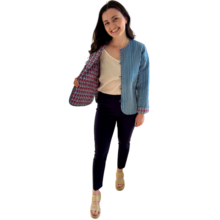 The Madeline Reversible Quilted Jacket in Blue and Red Hand Blocked Floral — view 11