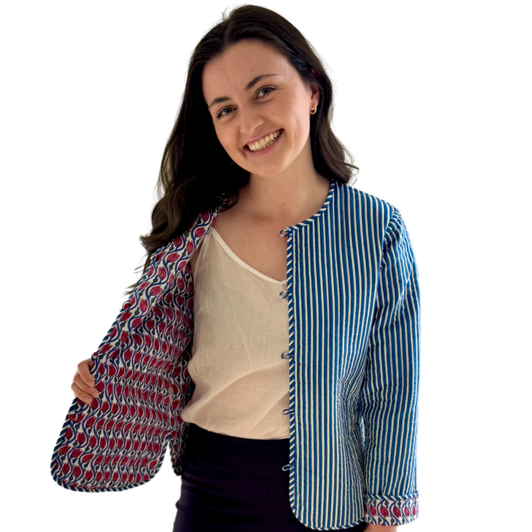 The Madeline Reversible Quilted Jacket in Blue and Red Hand Blocked Floral — view 8