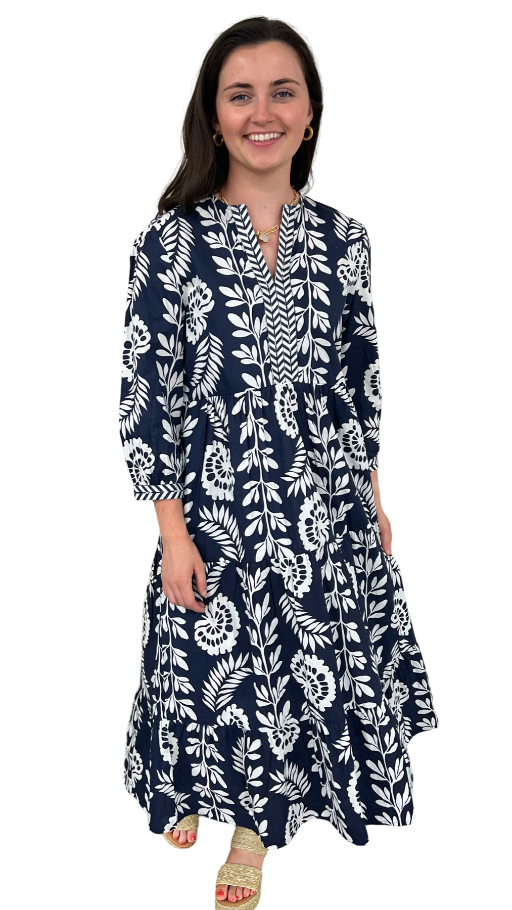 The Daniella Navy and White Floral Embroidered Trim Dress Liza Byrd The Daniella Navy and White Floral Embroidered Trim Dress Liza Byrd