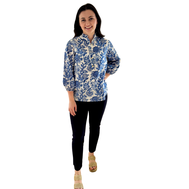 The Tricia Hand Blocked Floral Top in White and Blue Floral — view 6