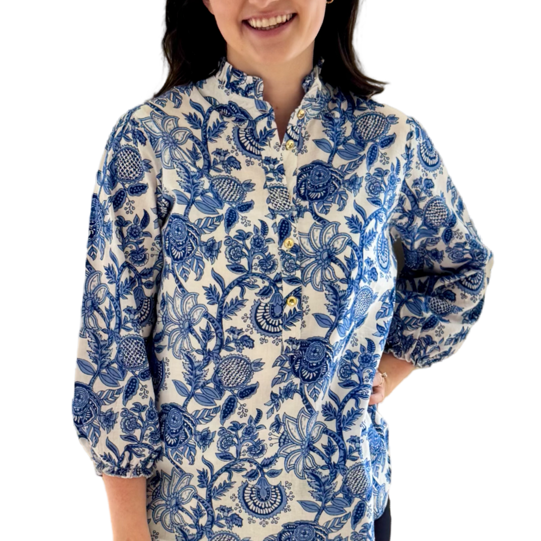 The Tricia Hand Blocked Floral Top in White and Blue Floral — view 12