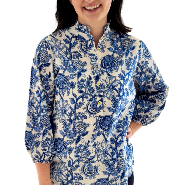 The Tricia Hand Blocked Floral Top in White and Blue Floral — view 12