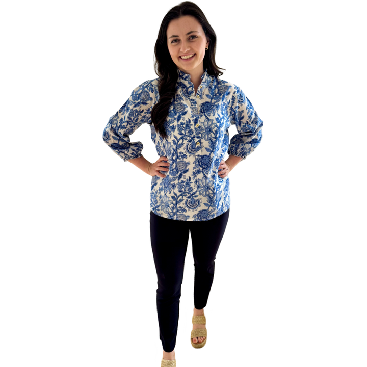 The Tricia Hand Blocked Floral Top in White and Blue Floral — view 7
