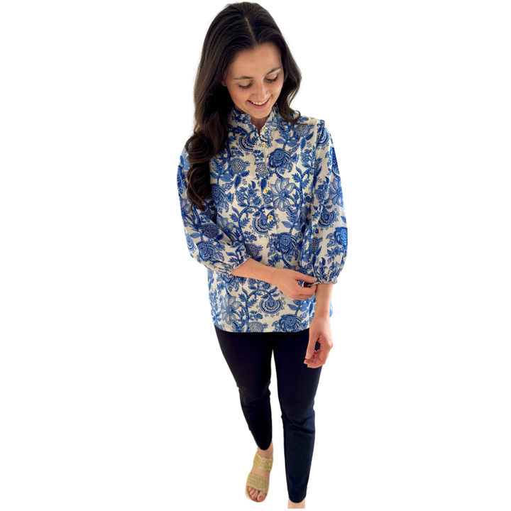 The Tricia Hand Blocked Floral Top in White and Blue Floral — view 8