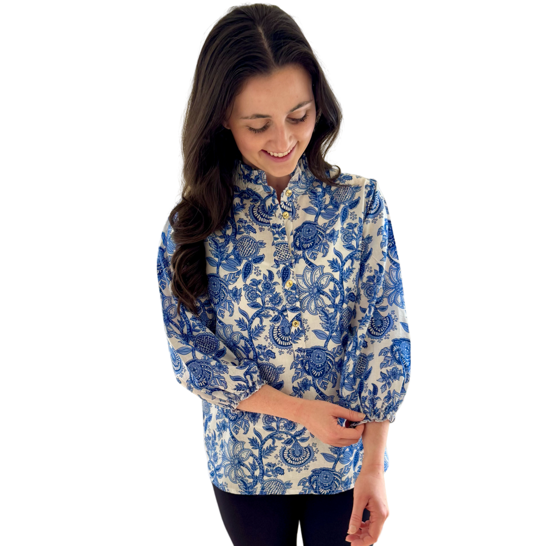 The Tricia Hand Blocked Floral Top in White and Blue Floral — view 11