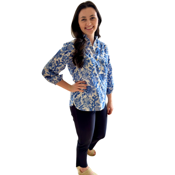 The Tricia Hand Blocked Floral Top in White and Blue Floral — view 9