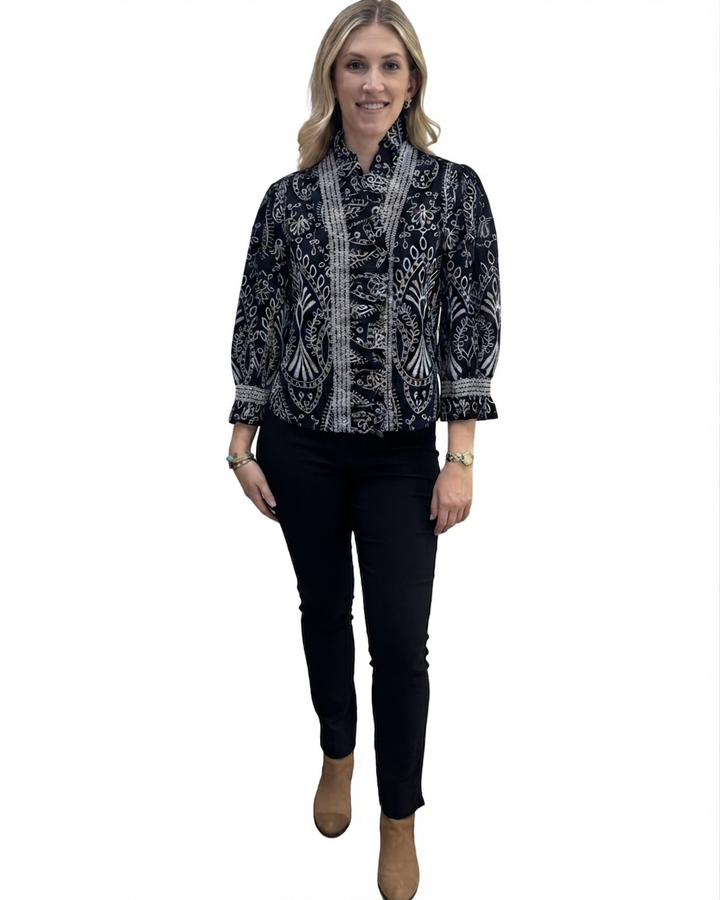 The Amelia Ruffle Front Top in Black and White