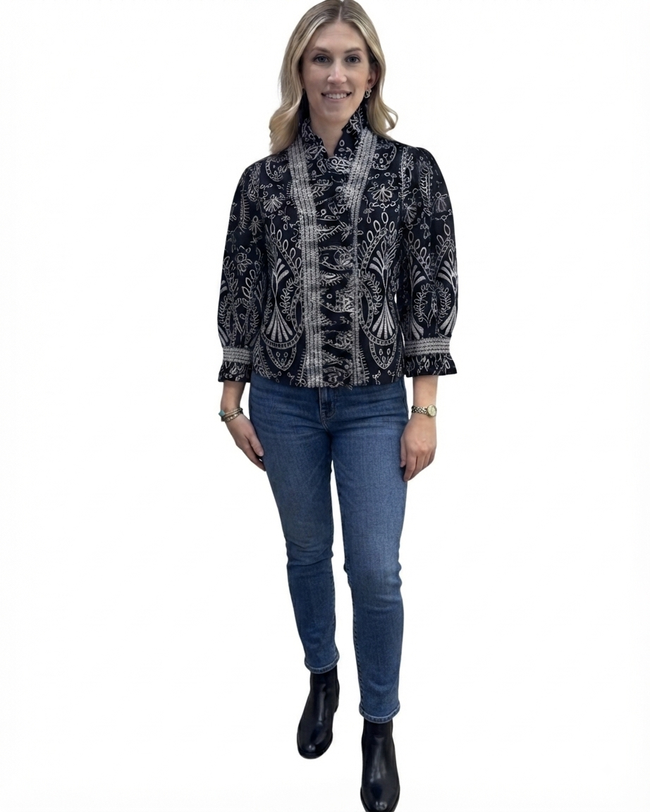 The Amelia Ruffle Front Top in Black and White