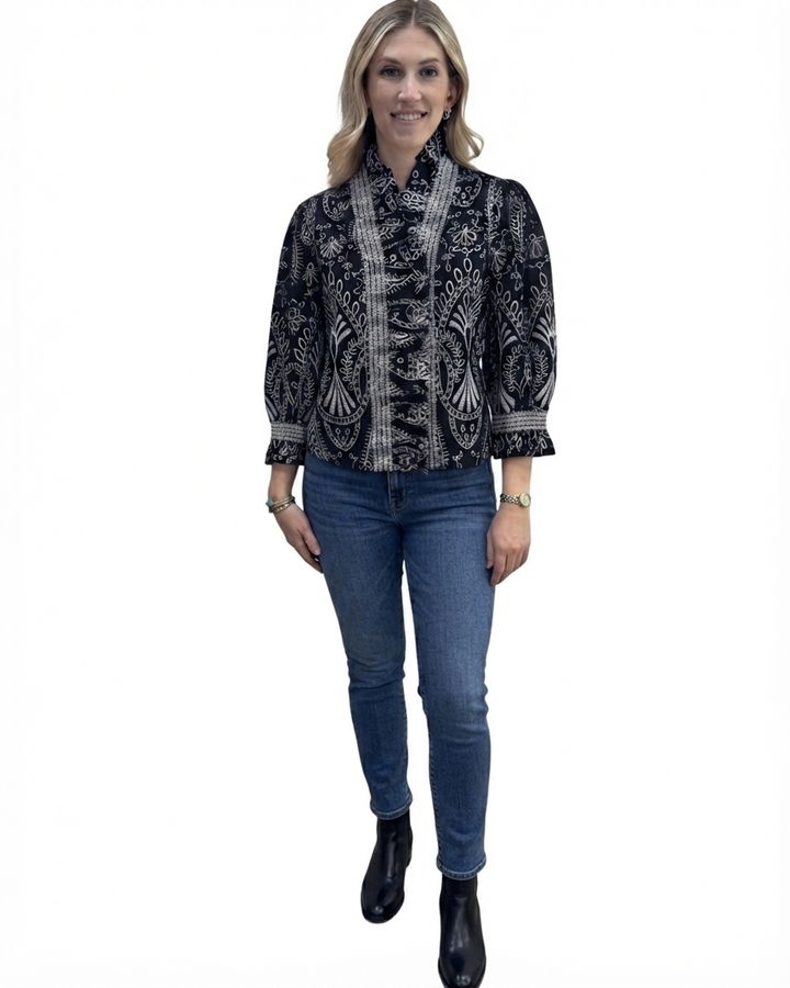 The Amelia Ruffle Front Top in Black and White