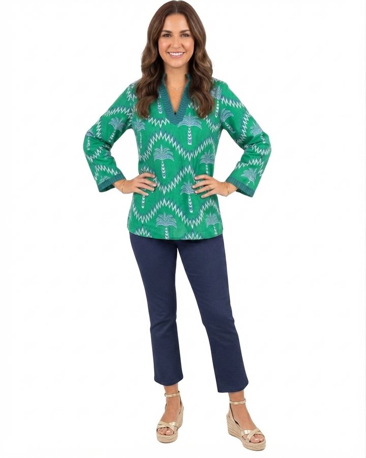 The Winslow Embroidered Trim Tunic in Green Navy Palm Print