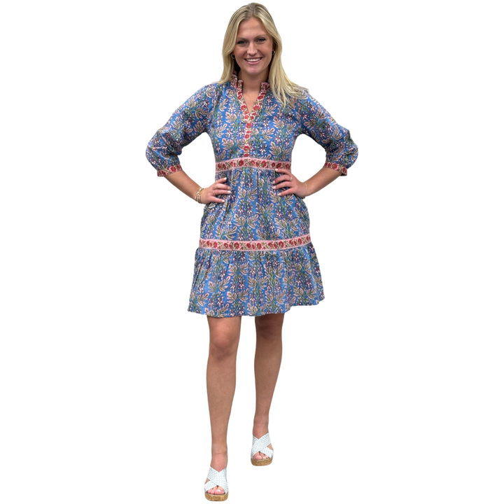 The Campbell Cotton Block Print Dress in Blue Pink Border Trim Floral