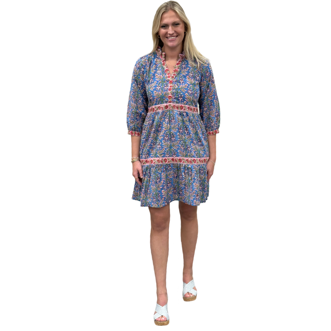 The Campbell Cotton Block Print Dress in Blue Pink Border Trim Floral — view 2