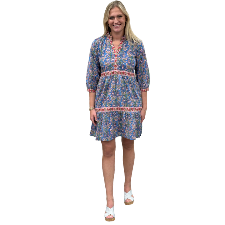 The Campbell Cotton Block Print Dress in Blue Pink Border Trim Floral — view 2