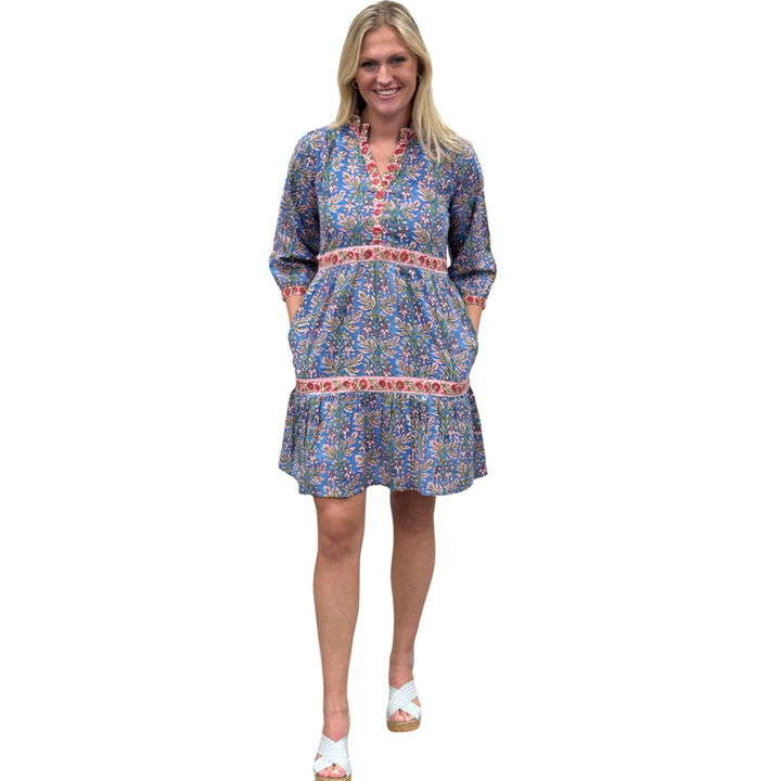 The Campbell Cotton Block Print Dress in Blue Pink Border Trim Floral — view 3