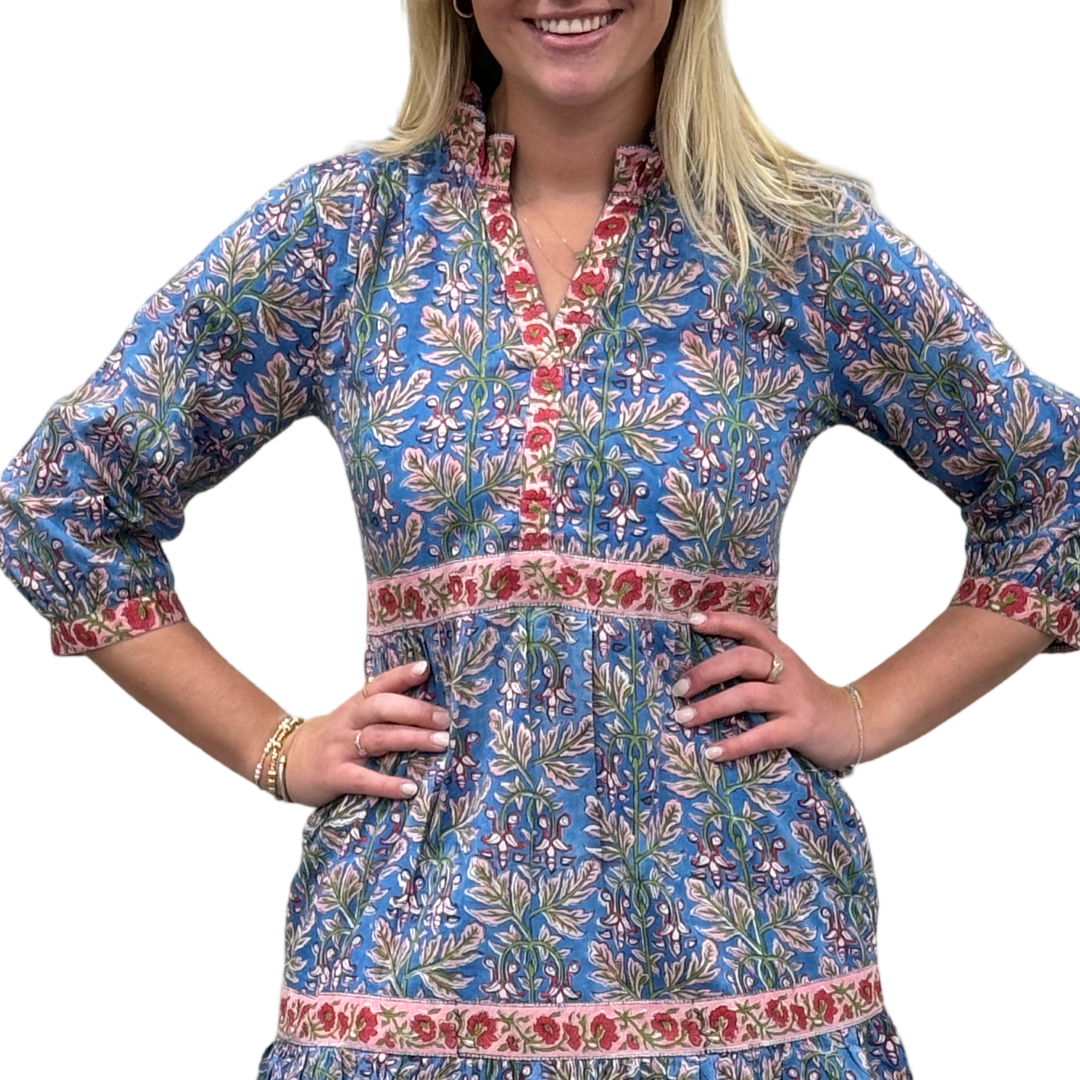 The Campbell Cotton Block Print Dress in Blue Pink Border Trim Floral — view 4