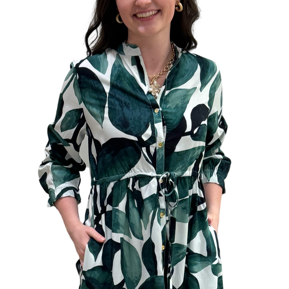 The  Hamilton Tie Waist Dress in Topiary Green Palm Print — view 2