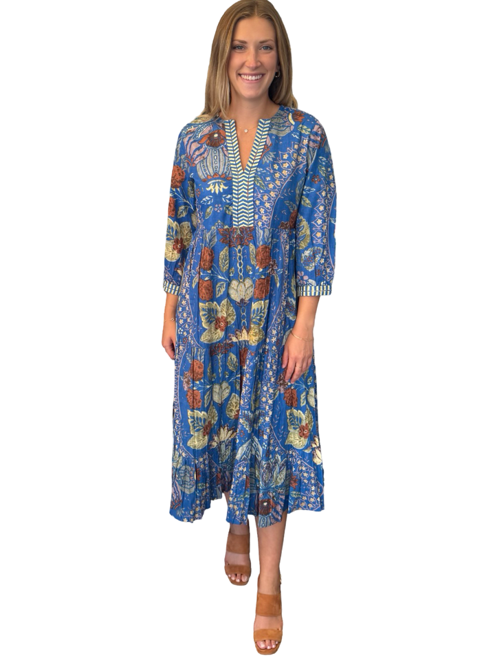 The Daniella Embroidered Trim Dress in Blue Tobacco Floral