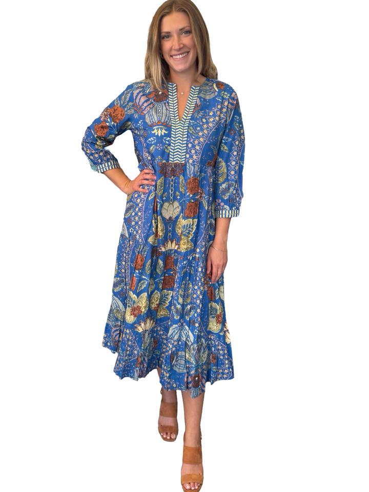 The Daniella Embroidered Trim Dress in Blue Tobacco Floral