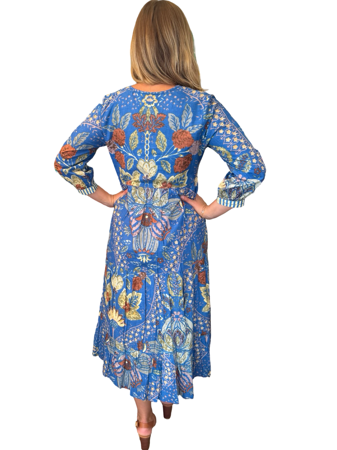 The Daniella Embroidered Trim Dress in Blue Tobacco Floral