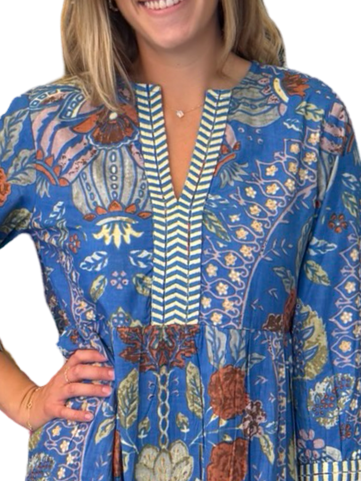 The Daniella Embroidered Trim Dress in Blue Tobacco Floral