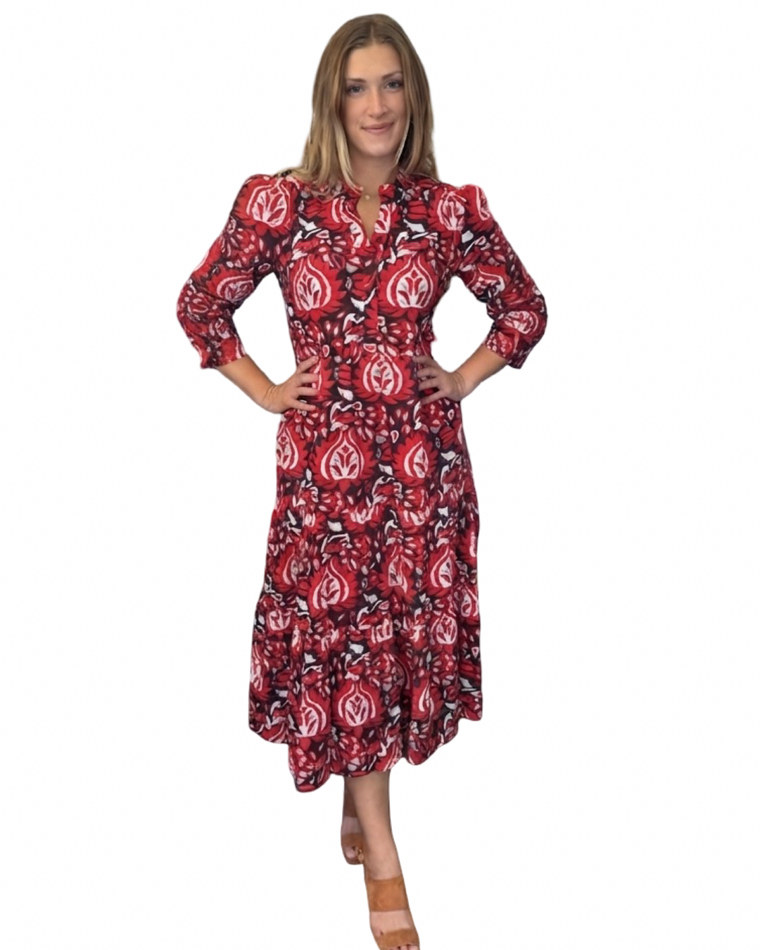 The Campbell 3/4 Sleeve Dress in Red and Brown Abstract