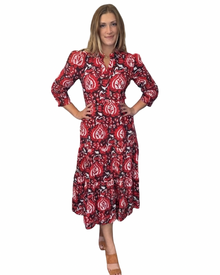The Campbell 3/4 Sleeve Dress in Red and Brown Abstract