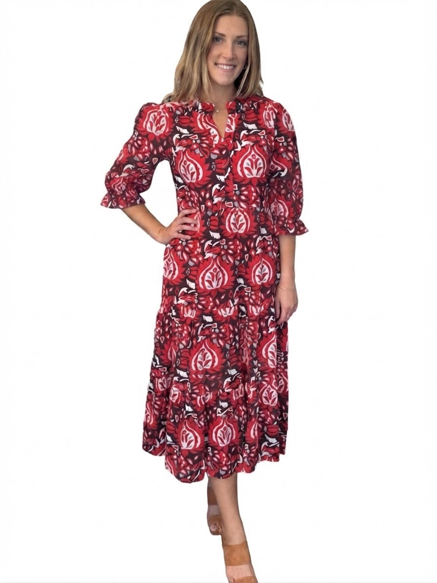 The Campbell 3/4 Sleeve Dress in Red and Brown Abstract