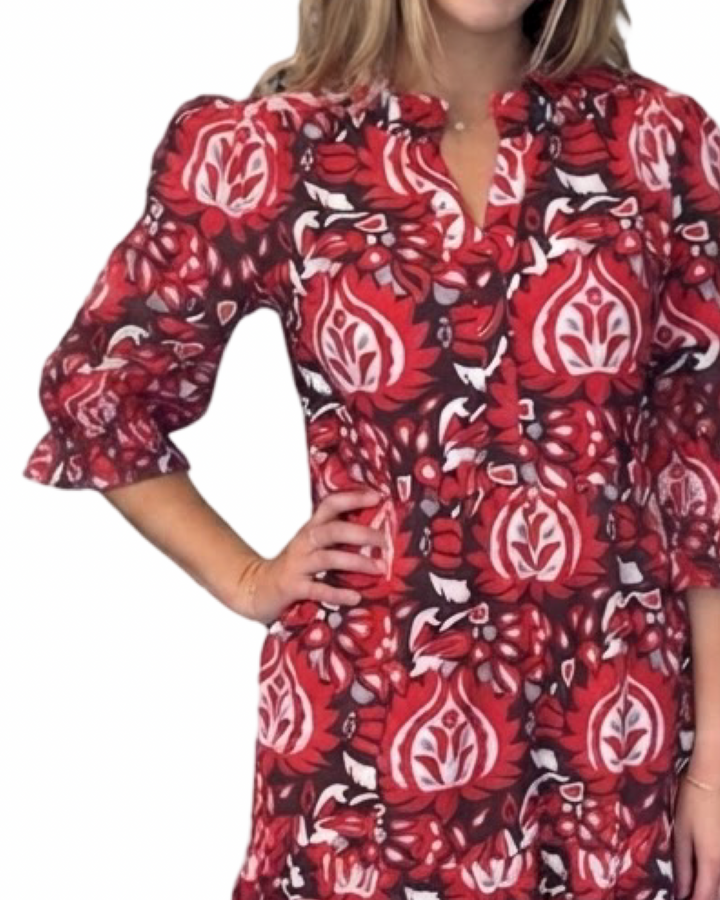 The Campbell 3/4 Sleeve Dress in Red and Brown Abstract