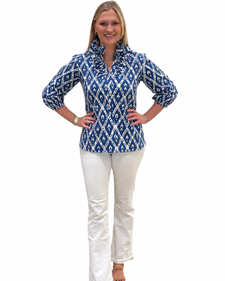 The Maria Ruffle Neck Blouse in Royal Blue and White