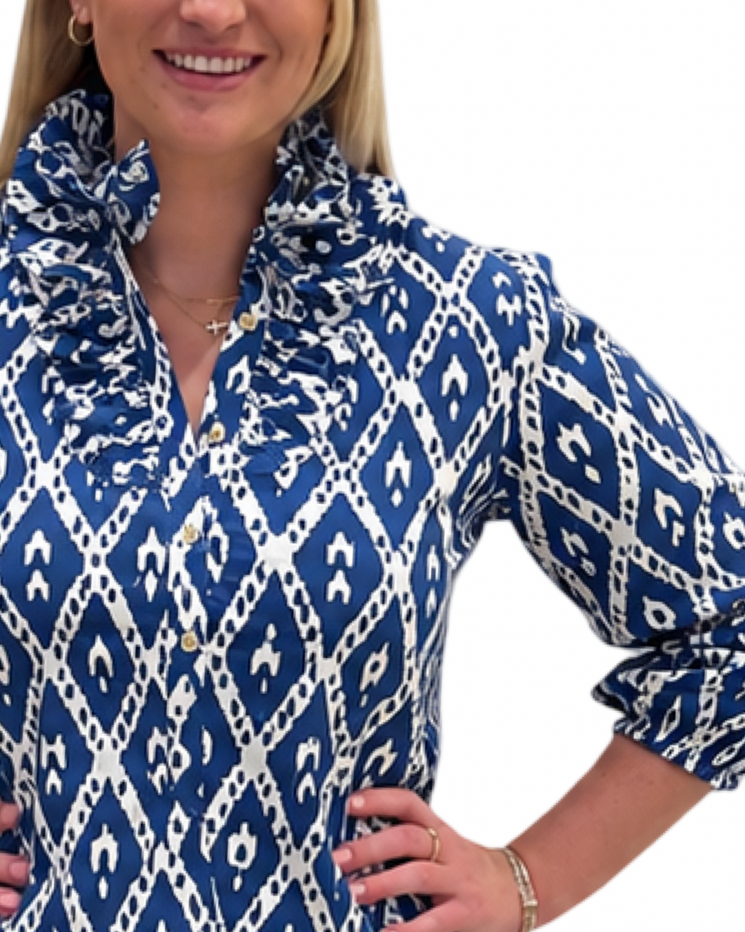 The Maria Ruffle Neck Blouse in Royal Blue and White