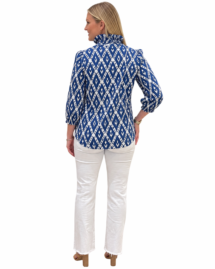 The Maria Ruffle Neck Blouse in Royal Blue and White