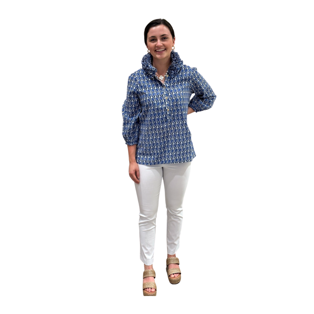 The Maria Ruffle Neck Collar Blouse in Blue Hand Block Cotton — view 5