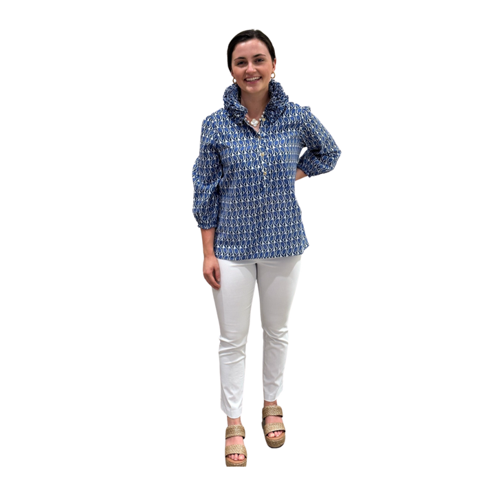 The Maria Ruffle Neck Collar Blouse in Blue Hand Block Cotton — view 5